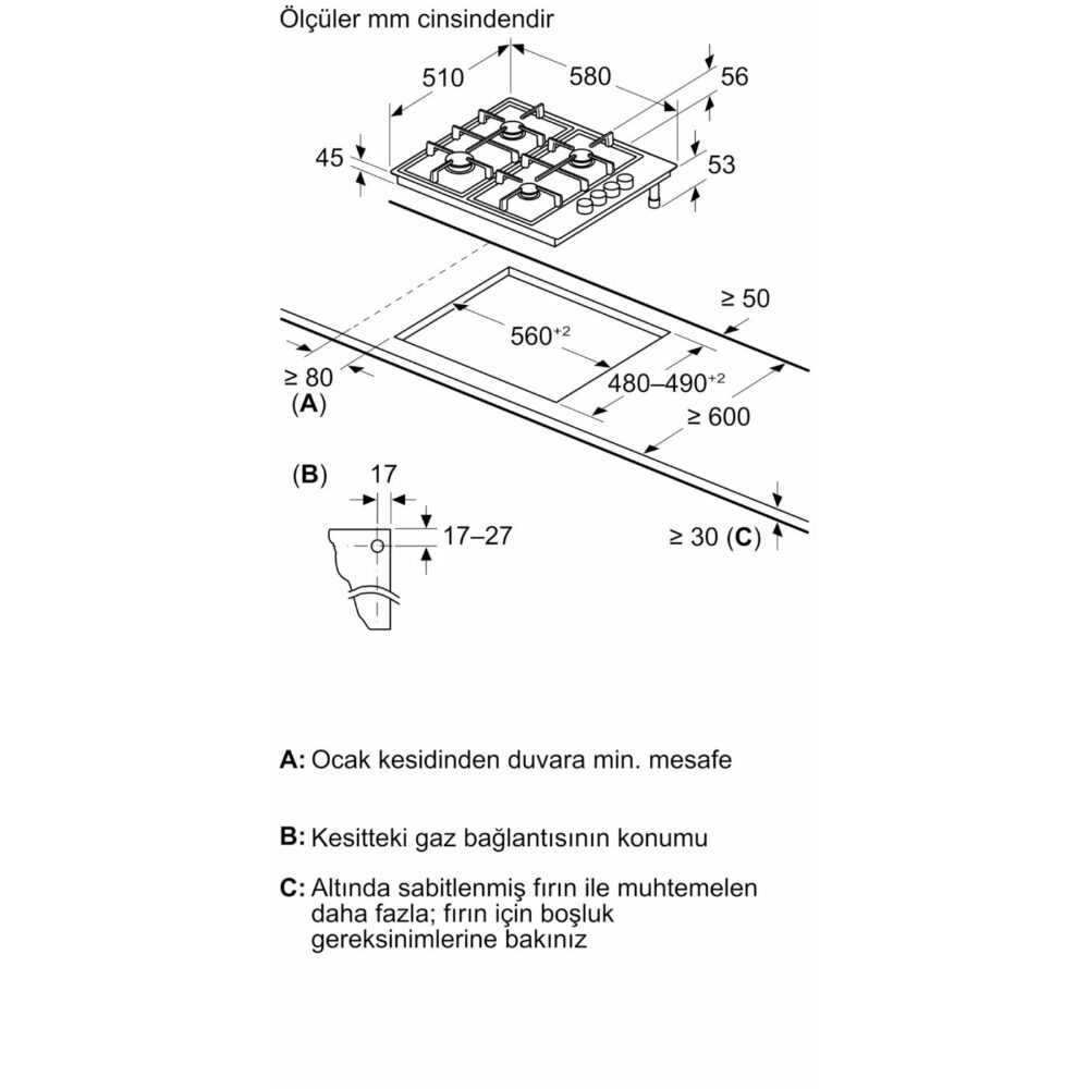 Bosch Serie 2 Gazlı/Elektrikli Ocak 60 cm Paslanmaz Çelik PBY6C5B82L